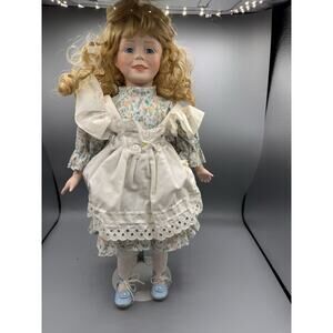 Vintage Porcelain Doll Blonde Curls Floral Dress Blue Shoes ~18”